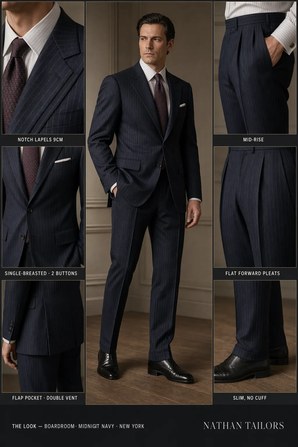 midnight navy chalk stripe single-breasted notch-lapel bespoke suit — AI-rendered by Nathan Tailors, the Hoi An custom tailor. Available as a custom tailored suit from $149.