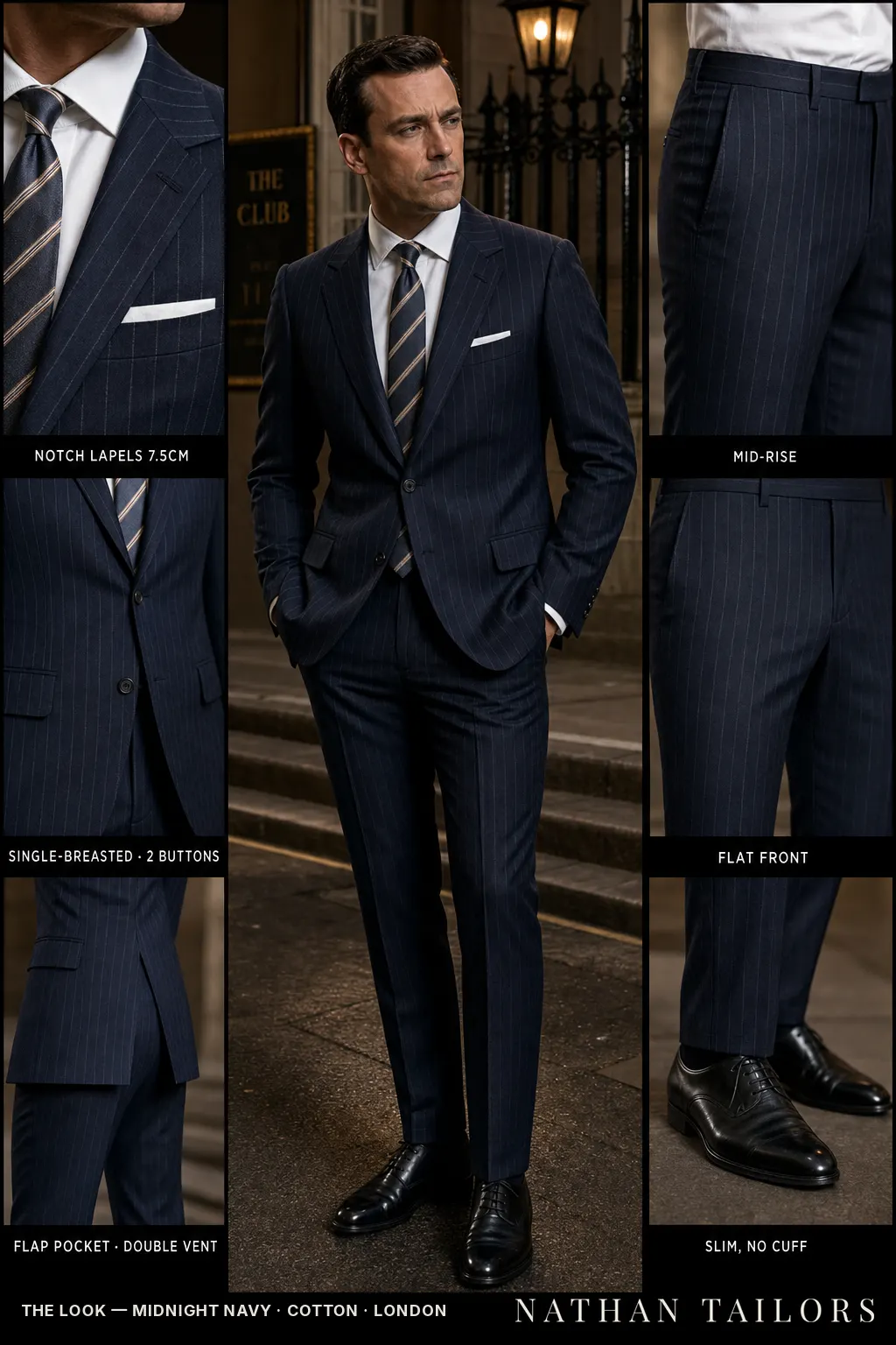 midnight navy chalk stripe single-breasted notch-lapel bespoke suit — AI-rendered by Nathan Tailors, the Hoi An custom tailor. Available as a custom tailored suit from $149.