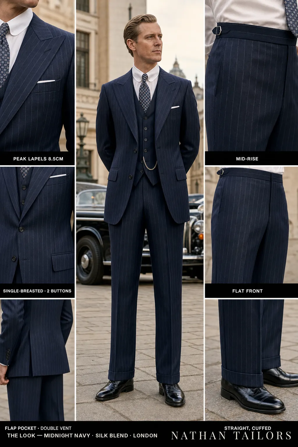 midnight navy chalk stripe single-breasted peak-lapel bespoke suit — AI-rendered by Nathan Tailors, the Hoi An custom tailor. Available as a custom tailored suit from $149.
