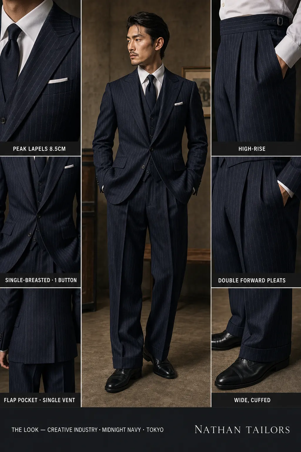 midnight navy chalk stripe single-breasted peak-lapel bespoke suit — AI-rendered by Nathan Tailors, the Hoi An custom tailor. Available as a custom tailored suit from $149.