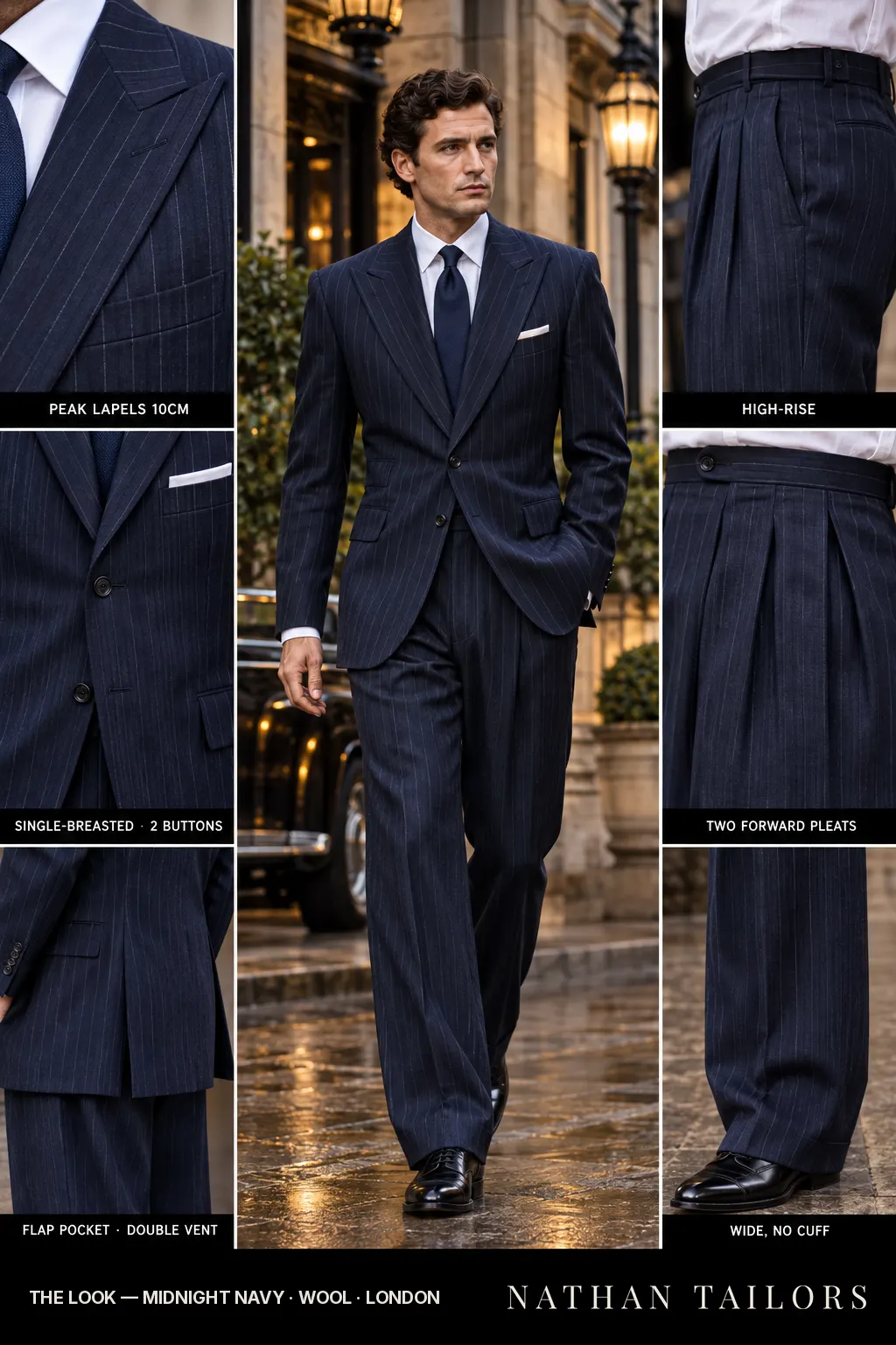 midnight navy chalk stripe single-breasted peak-lapel bespoke suit โ AI-rendered by Nathan Tailors, the Hoi An custom tailor. Available as a custom tailored suit from $169.