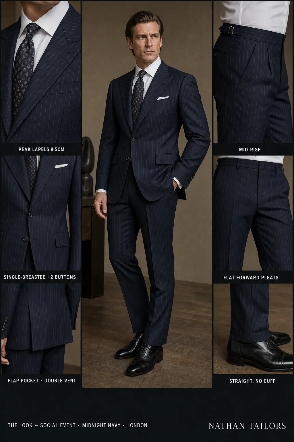 midnight navy chalk stripe single-breasted peak-lapel bespoke suit โ AI-rendered by Nathan Tailors, the Hoi An custom tailor. Available as a custom tailored suit from $149.