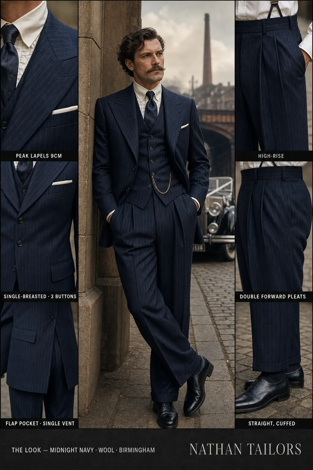 midnight navy chalk stripe single-breasted peak-lapel bespoke suit — AI-rendered by Nathan Tailors, the Hoi An custom tailor. Available as a custom tailored suit from $149.