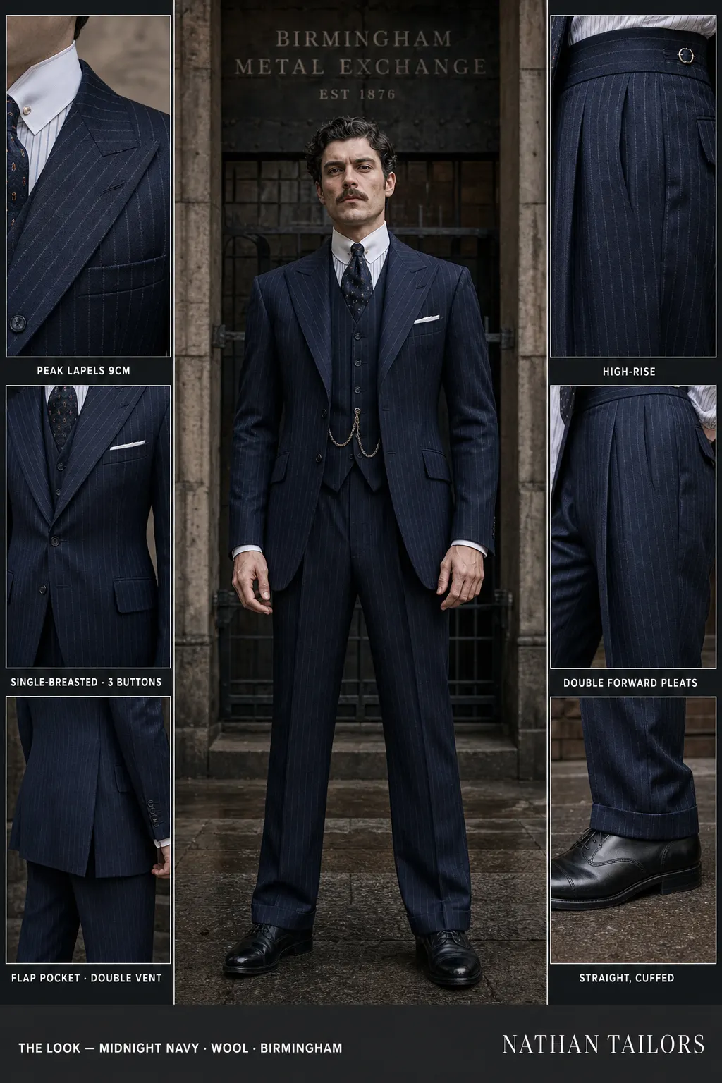 midnight navy chalk stripe single-breasted peak-lapel bespoke suit — AI-rendered by Nathan Tailors, the Hoi An custom tailor. Available as a custom tailored suit from $149.