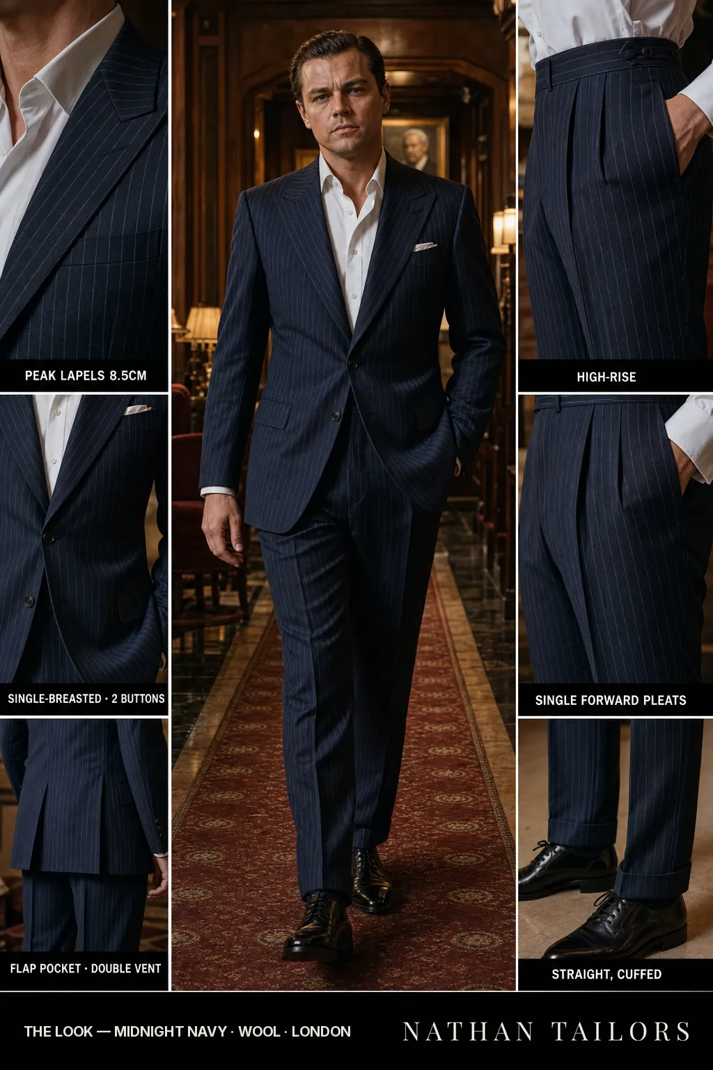 midnight navy chalk stripe single-breasted peak-lapel bespoke suit — AI-rendered by Nathan Tailors, the Hoi An custom tailor. Available as a custom tailored suit from $149.