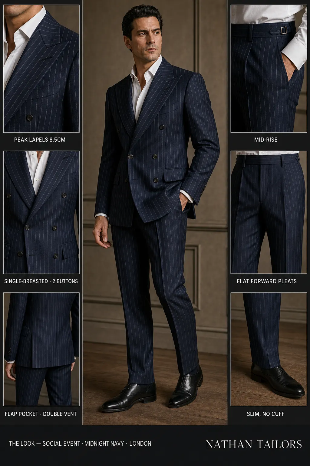 midnight navy chalk stripe single-breasted peak-lapel bespoke suit — AI-rendered by Nathan Tailors, the Hoi An custom tailor. Available as a custom tailored suit from $149.