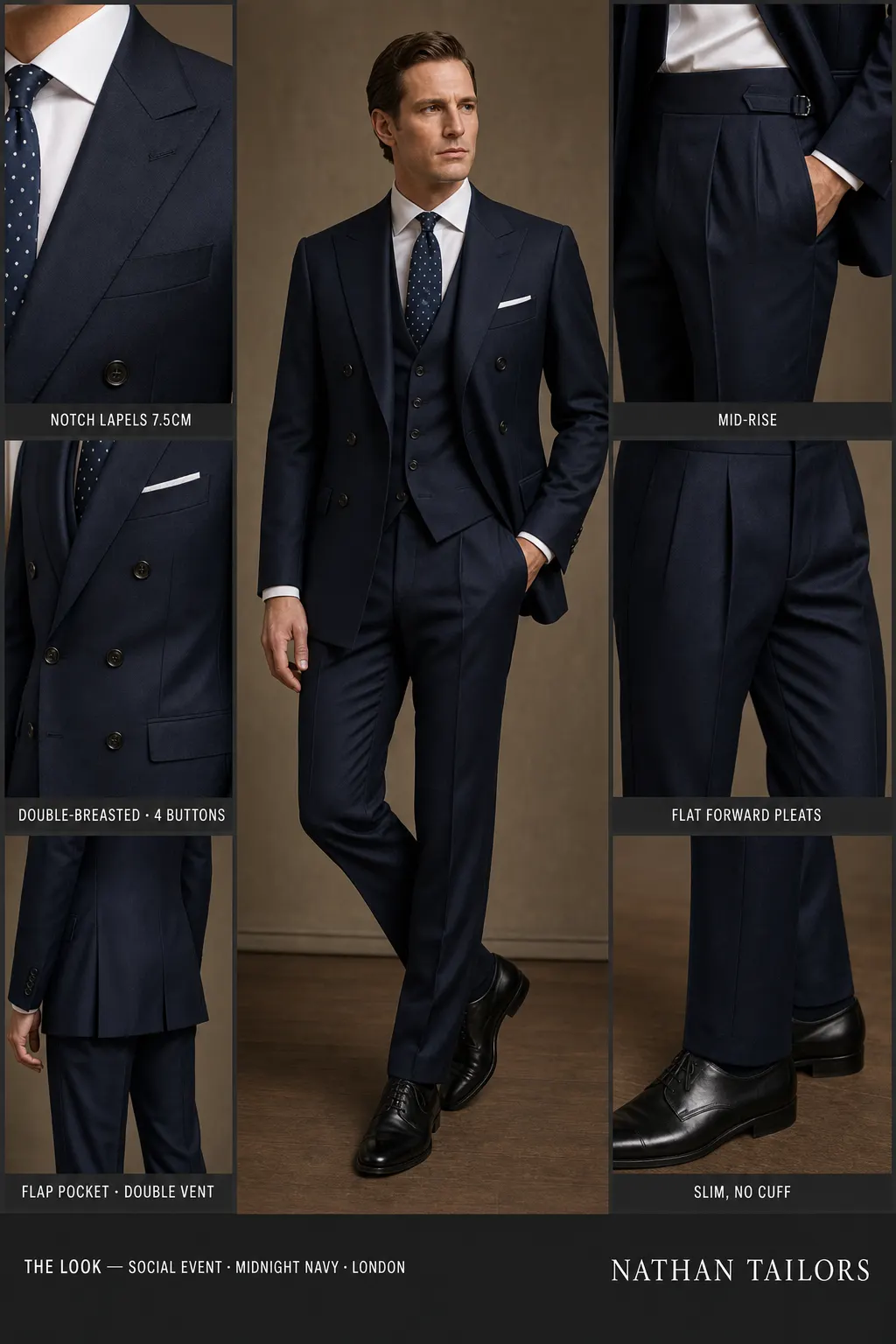 midnight navy double-breasted notch-lapel bespoke suit — AI-rendered by Nathan Tailors, the Hoi An custom tailor. Available as a custom tailored suit from $149.