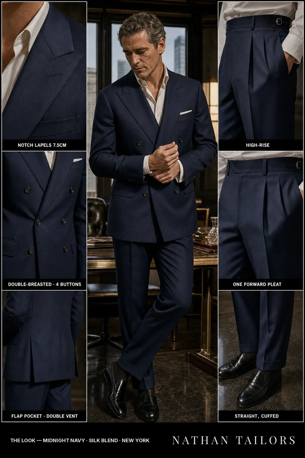 midnight navy double-breasted notch-lapel bespoke suit — AI-rendered by Nathan Tailors, the Hoi An custom tailor. Available as a custom tailored suit from $149.