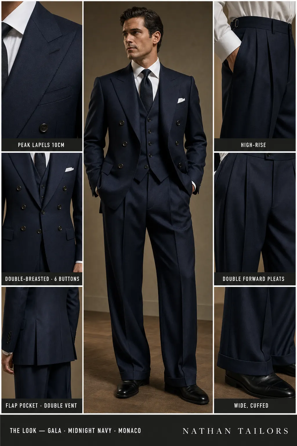 midnight navy double-breasted peak-lapel bespoke suit — AI-rendered by Nathan Tailors, the Hoi An custom tailor. Available as a custom tailored suit from $149.