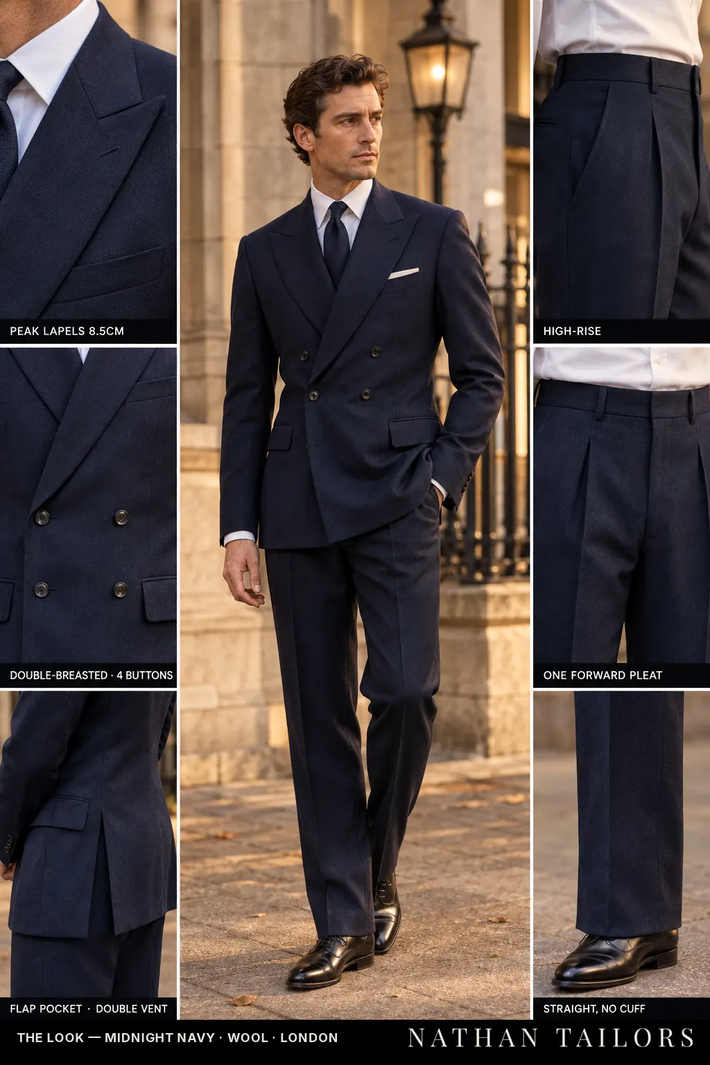 midnight navy double-breasted bespoke suit — custom tailored by Nathan Tailors, the Hoi An custom tailor
