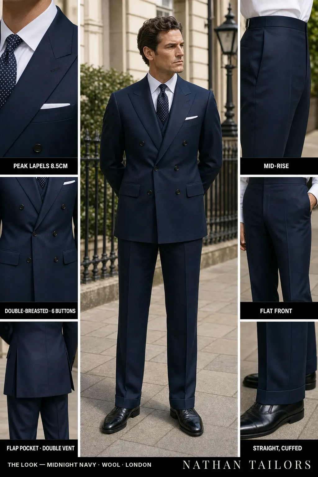 midnight navy double-breasted bespoke suit — custom tailored by Nathan Tailors, the Hoi An custom tailor