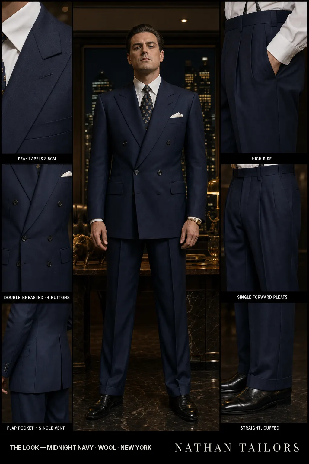 midnight navy double-breasted peak-lapel bespoke suit — AI-rendered by Nathan Tailors, the Hoi An custom tailor. Available as a custom tailored suit from $149.