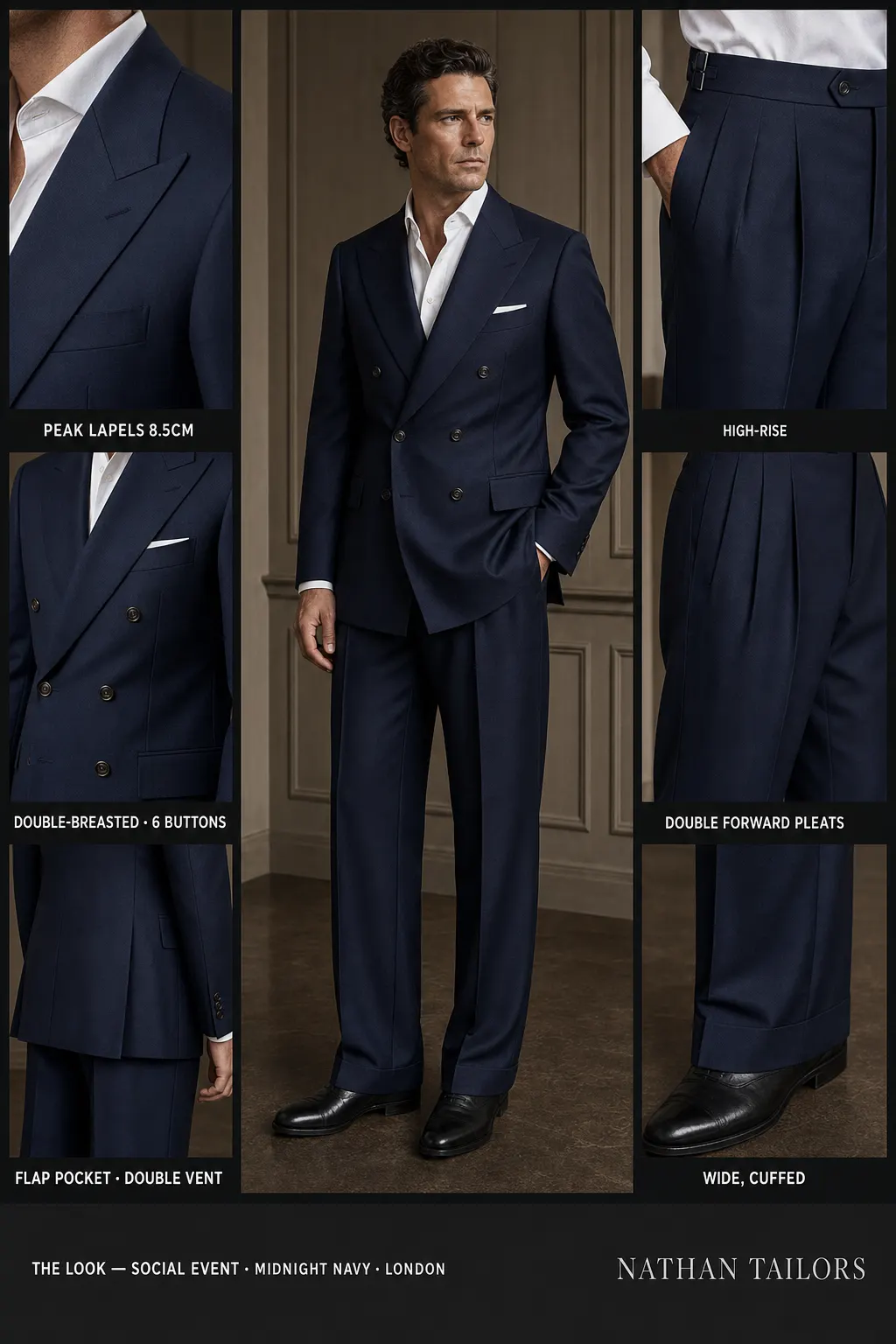 midnight navy double-breasted peak-lapel bespoke suit — AI-rendered by Nathan Tailors, the Hoi An custom tailor. Available as a custom tailored suit from $149.