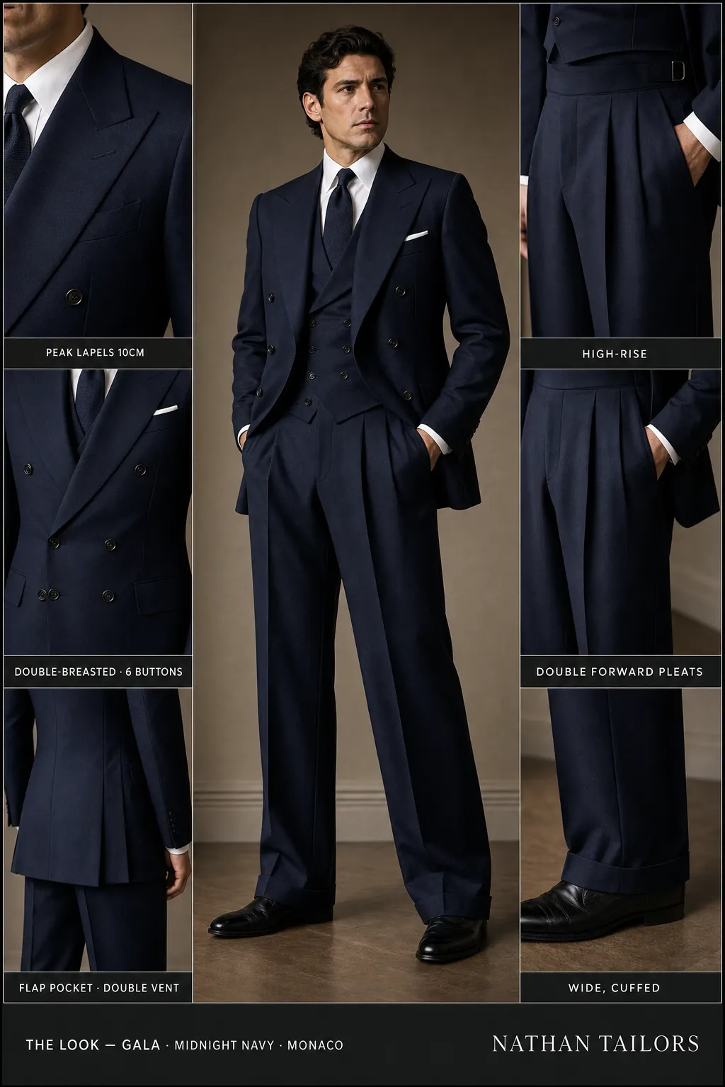 midnight navy double-breasted peak-lapel bespoke suit โ AI-rendered by Nathan Tailors, the Hoi An custom tailor. Available as a custom tailored suit from $149.