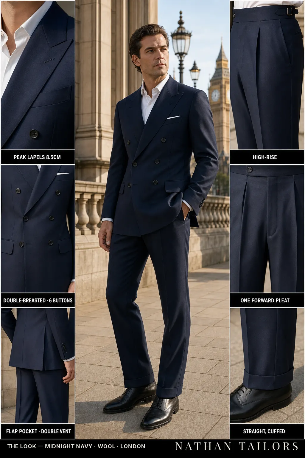 midnight navy double-breasted peak-lapel bespoke suit — AI-rendered by Nathan Tailors, the Hoi An custom tailor. Available as a custom tailored suit from $149.