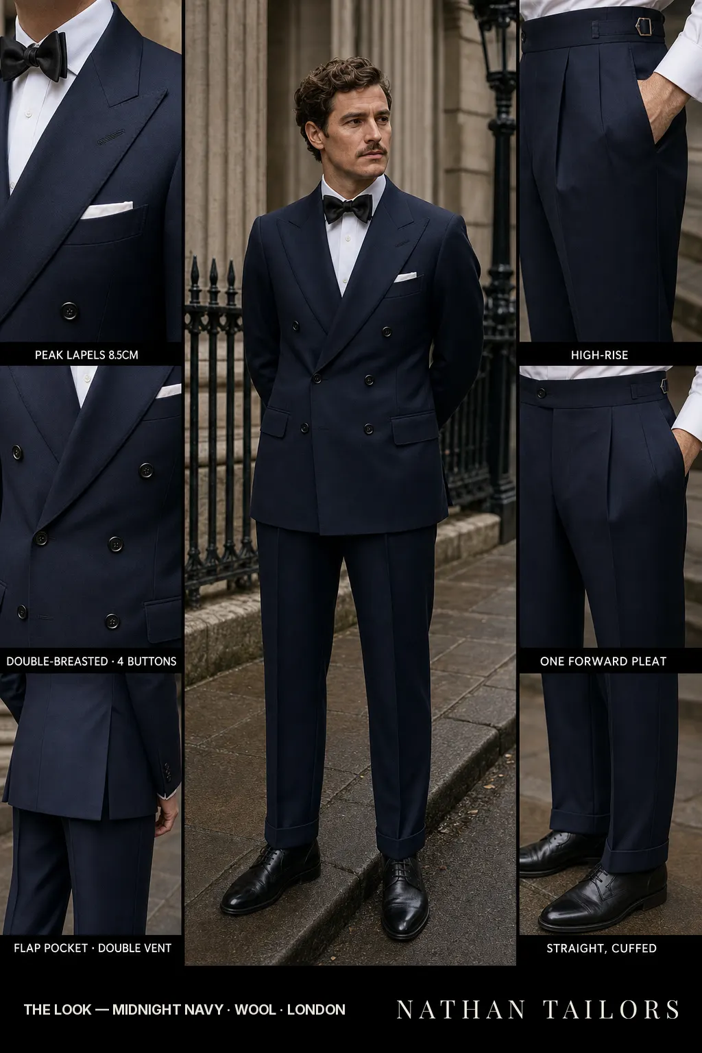 midnight navy double-breasted peak-lapel bespoke suit โ AI-rendered by Nathan Tailors, the Hoi An custom tailor. Available as a custom tailored suit from $149.