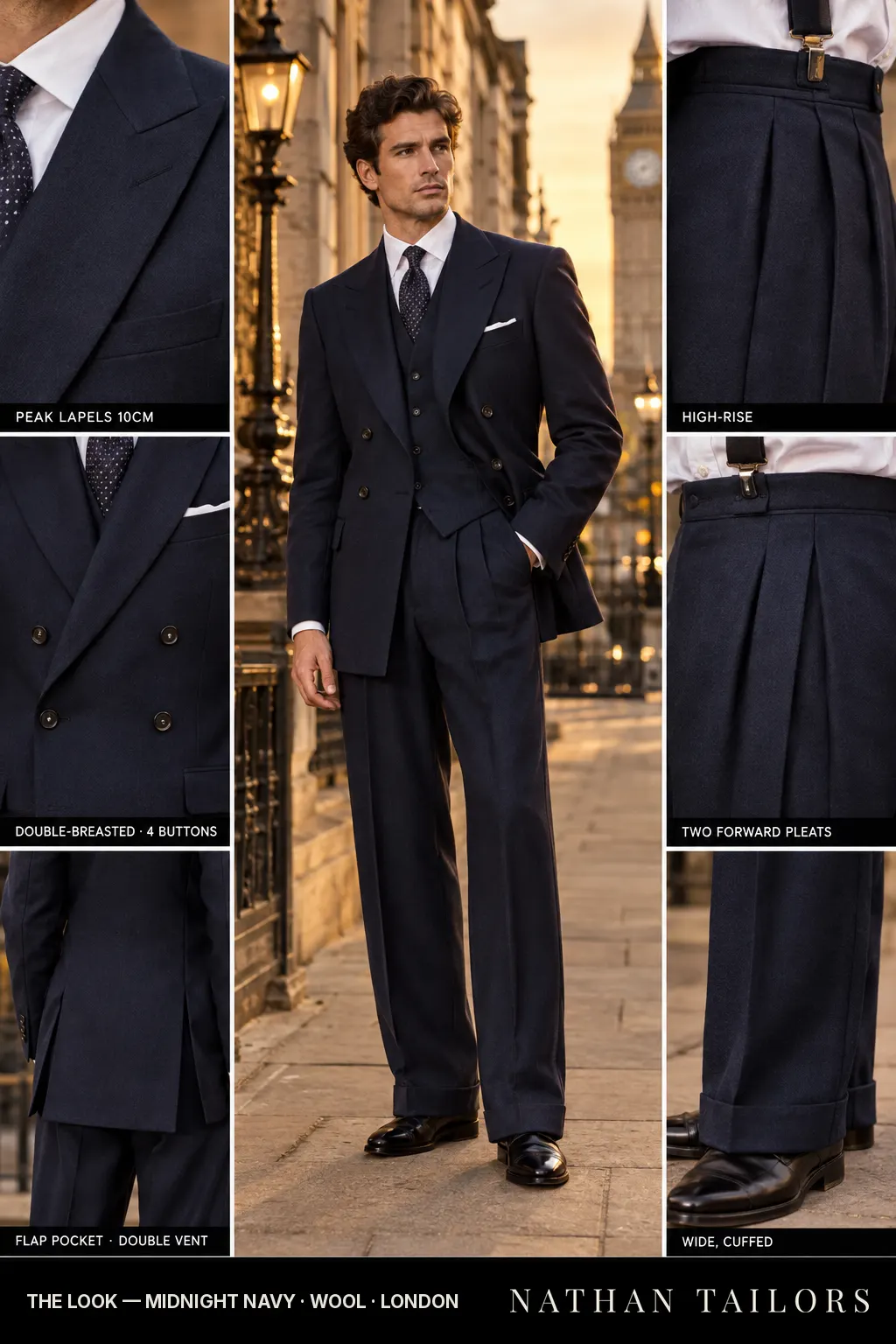 midnight navy double-breasted bespoke suit โ custom tailored by Nathan Tailors, the Hoi An custom tailor