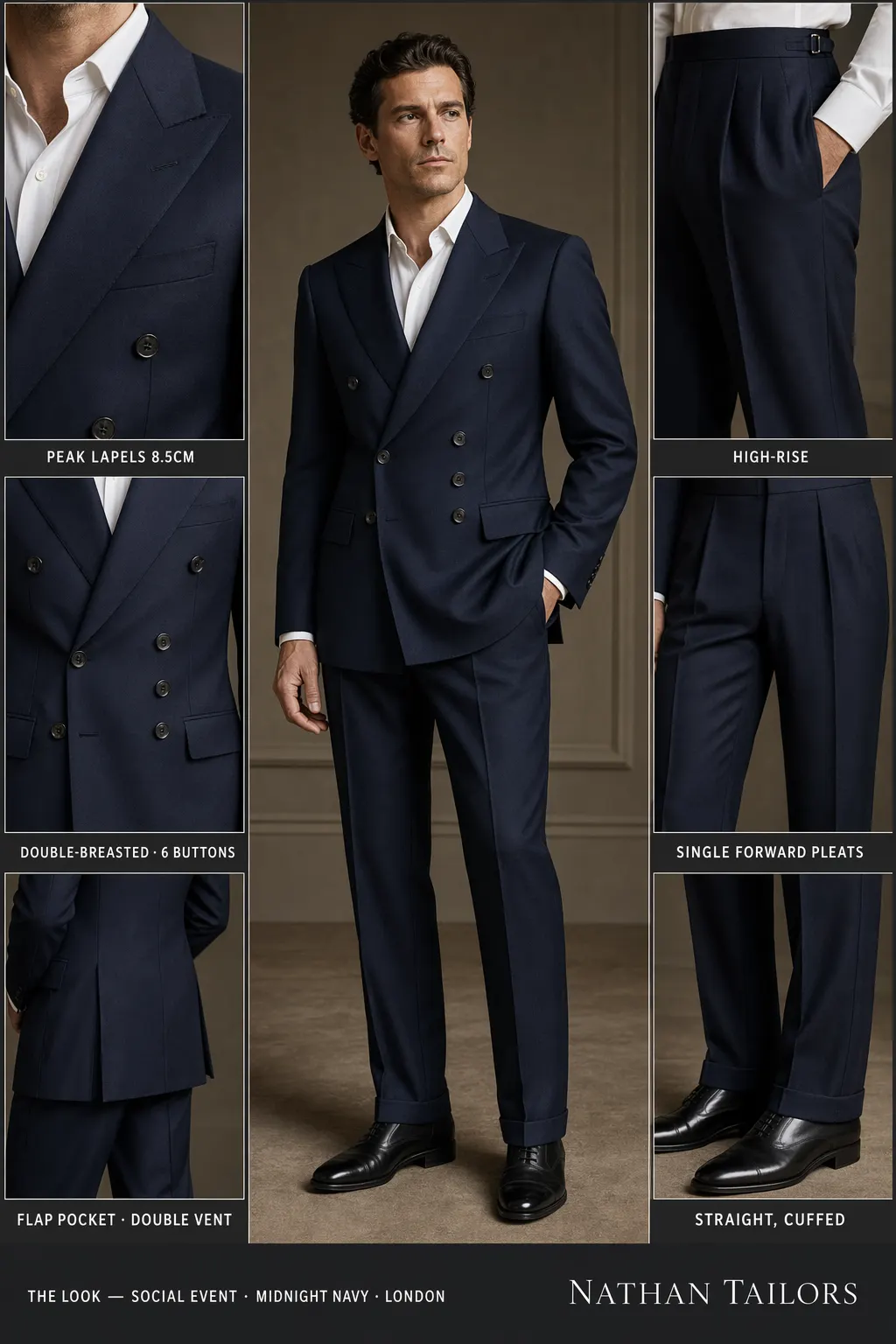 midnight navy double-breasted peak-lapel bespoke suit — AI-rendered by Nathan Tailors, the Hoi An custom tailor. Available as a custom tailored suit from $149.