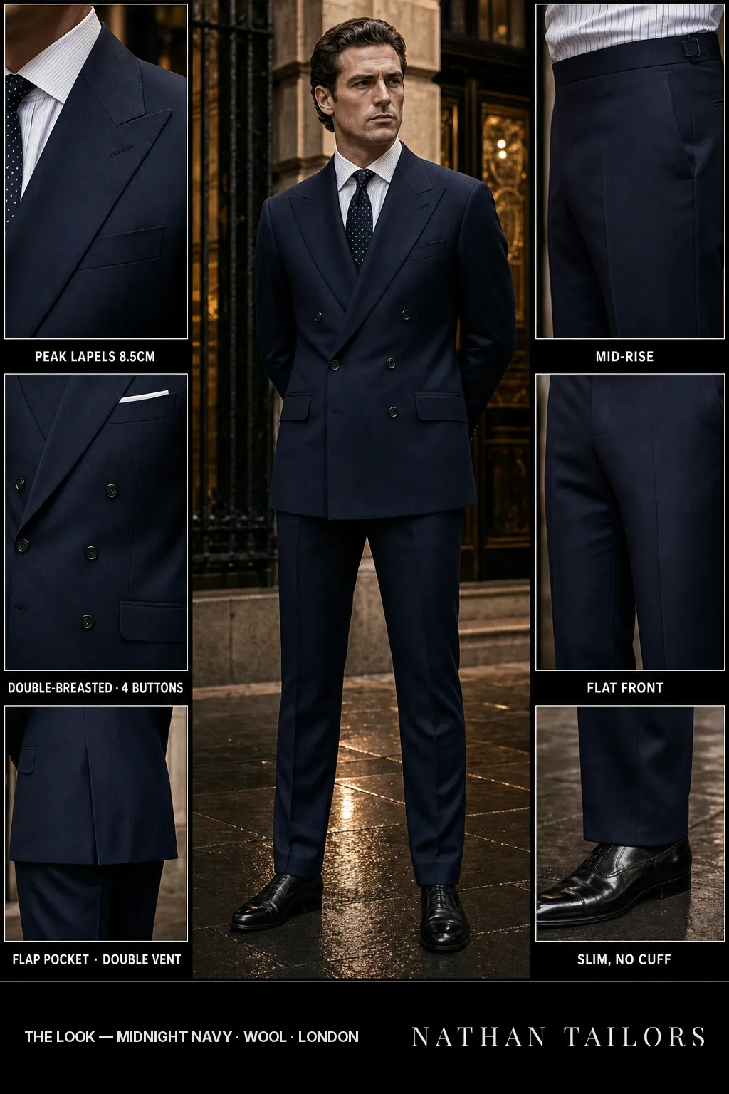 midnight navy double-breasted peak-lapel bespoke suit — AI-rendered by Nathan Tailors, the Hoi An custom tailor. Available as a custom tailored suit from $149.