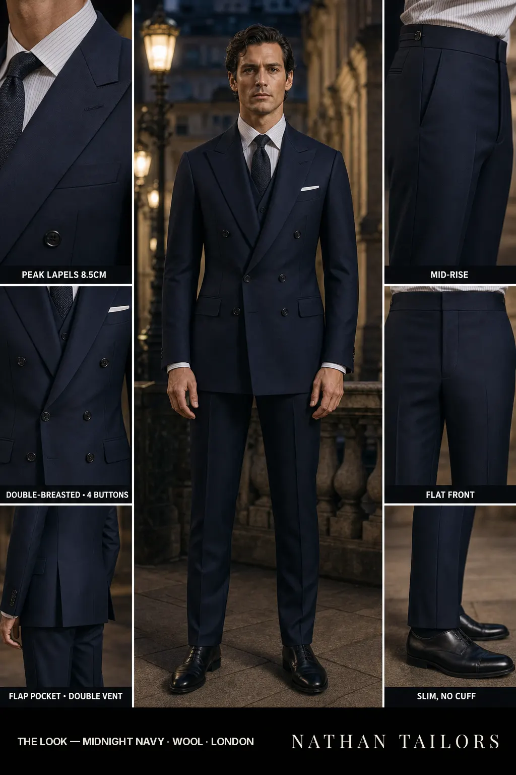 midnight navy double-breasted peak-lapel bespoke suit — AI-rendered by Nathan Tailors, the Hoi An custom tailor. Available as a custom tailored suit from $149.