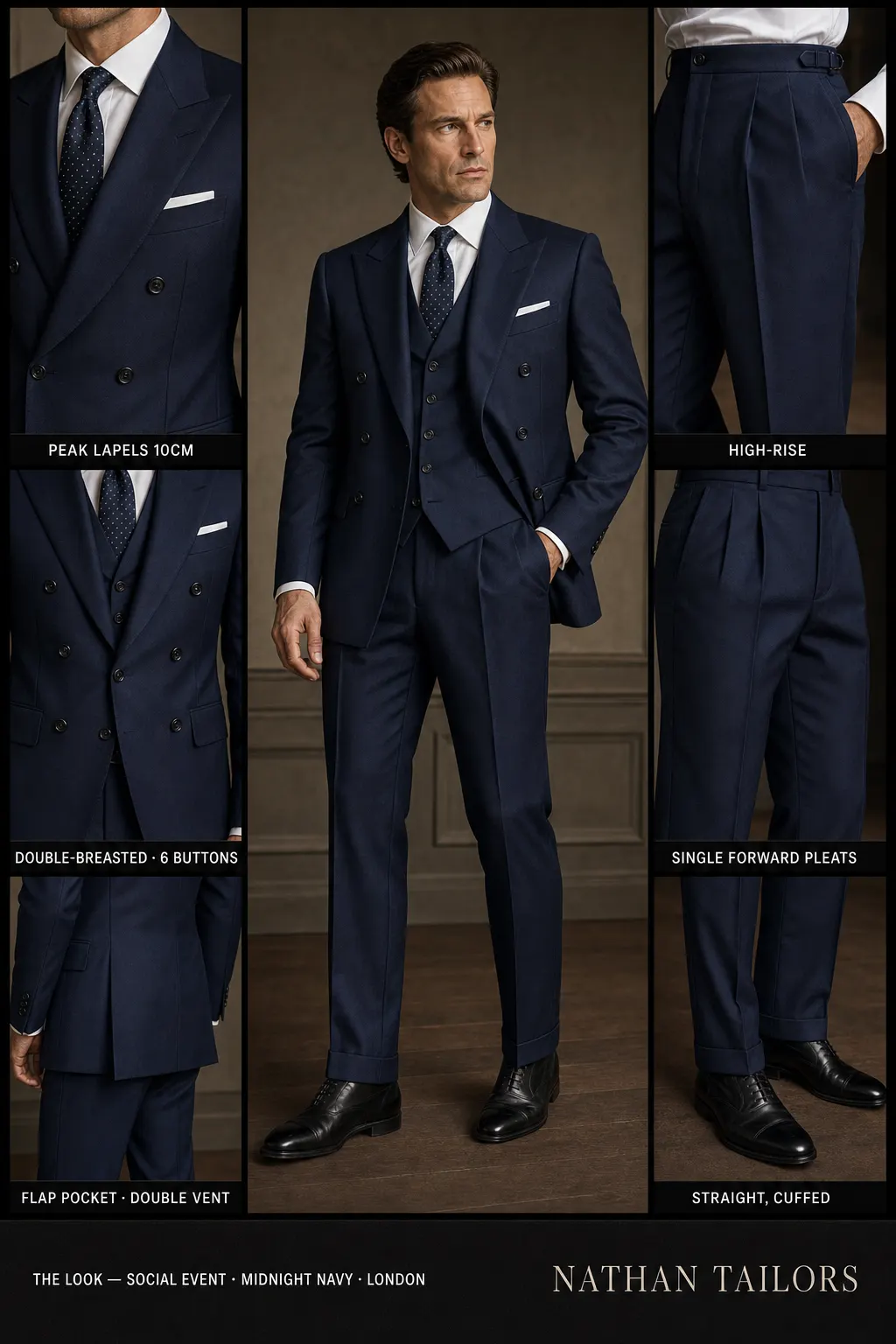 midnight navy double-breasted peak-lapel bespoke suit โ AI-rendered by Nathan Tailors, the Hoi An custom tailor. Available as a custom tailored suit from $149.