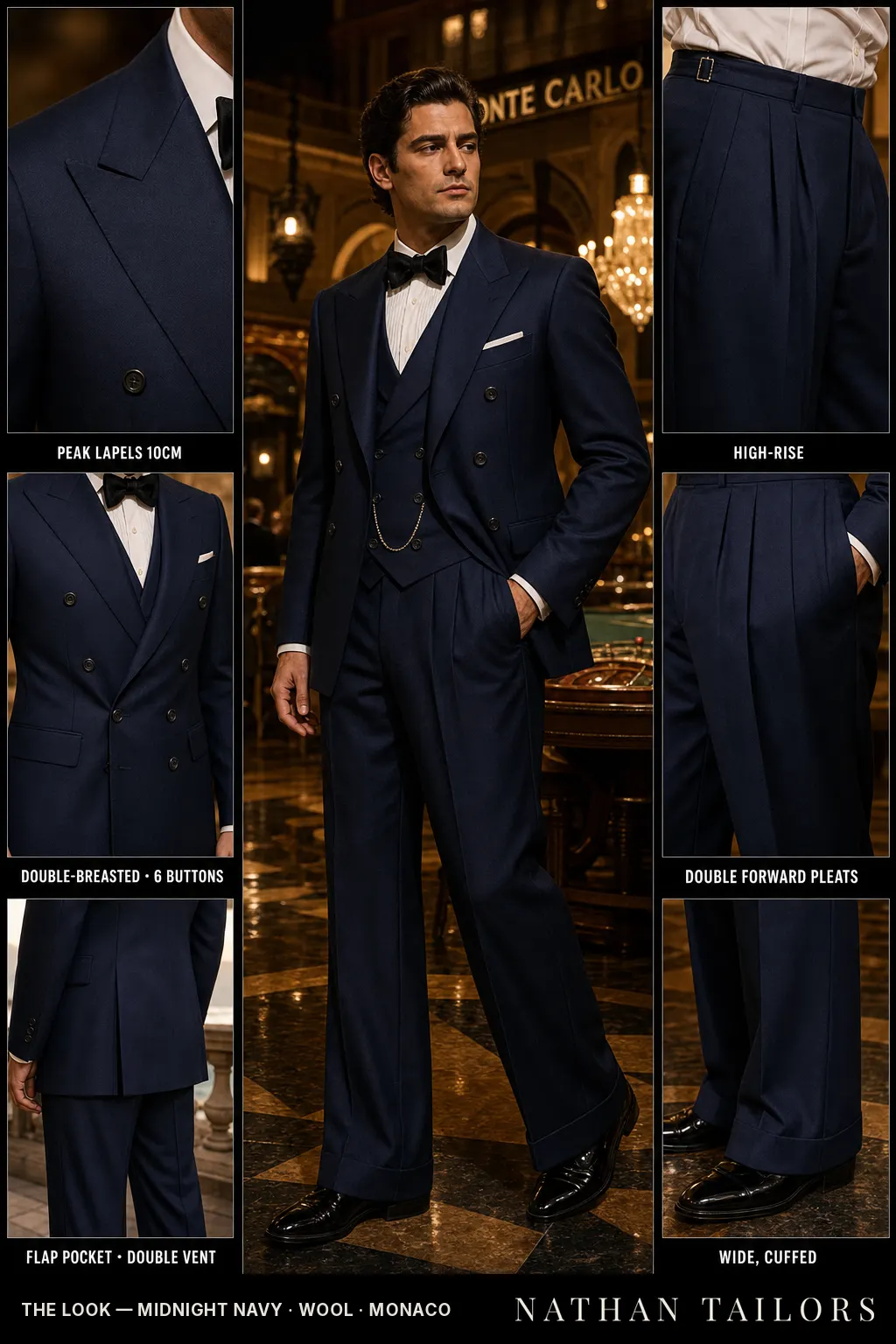 midnight navy double-breasted peak-lapel bespoke suit โ AI-rendered by Nathan Tailors, the Hoi An custom tailor. Available as a custom tailored suit from $149.