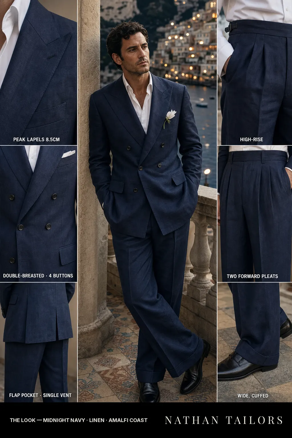 midnight navy double-breasted peak-lapel bespoke suit — AI-rendered by Nathan Tailors, the Hoi An custom tailor. Available as a custom tailored suit from $149.