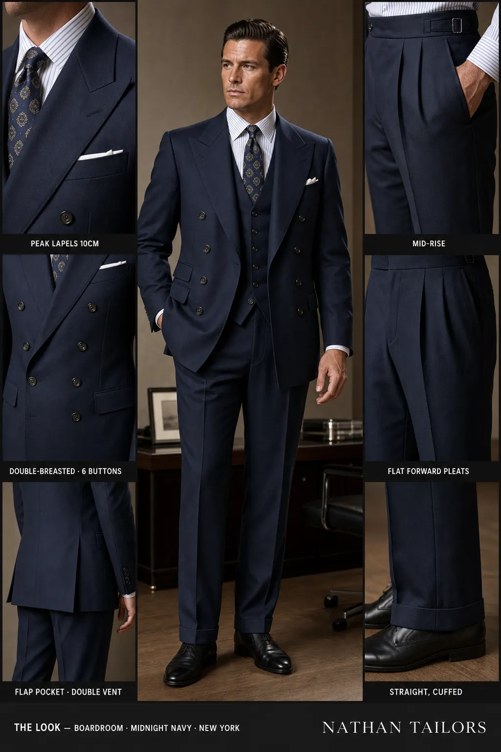 midnight navy double-breasted peak-lapel bespoke suit — AI-rendered by Nathan Tailors, the Hoi An custom tailor. Available as a custom tailored suit from $149.