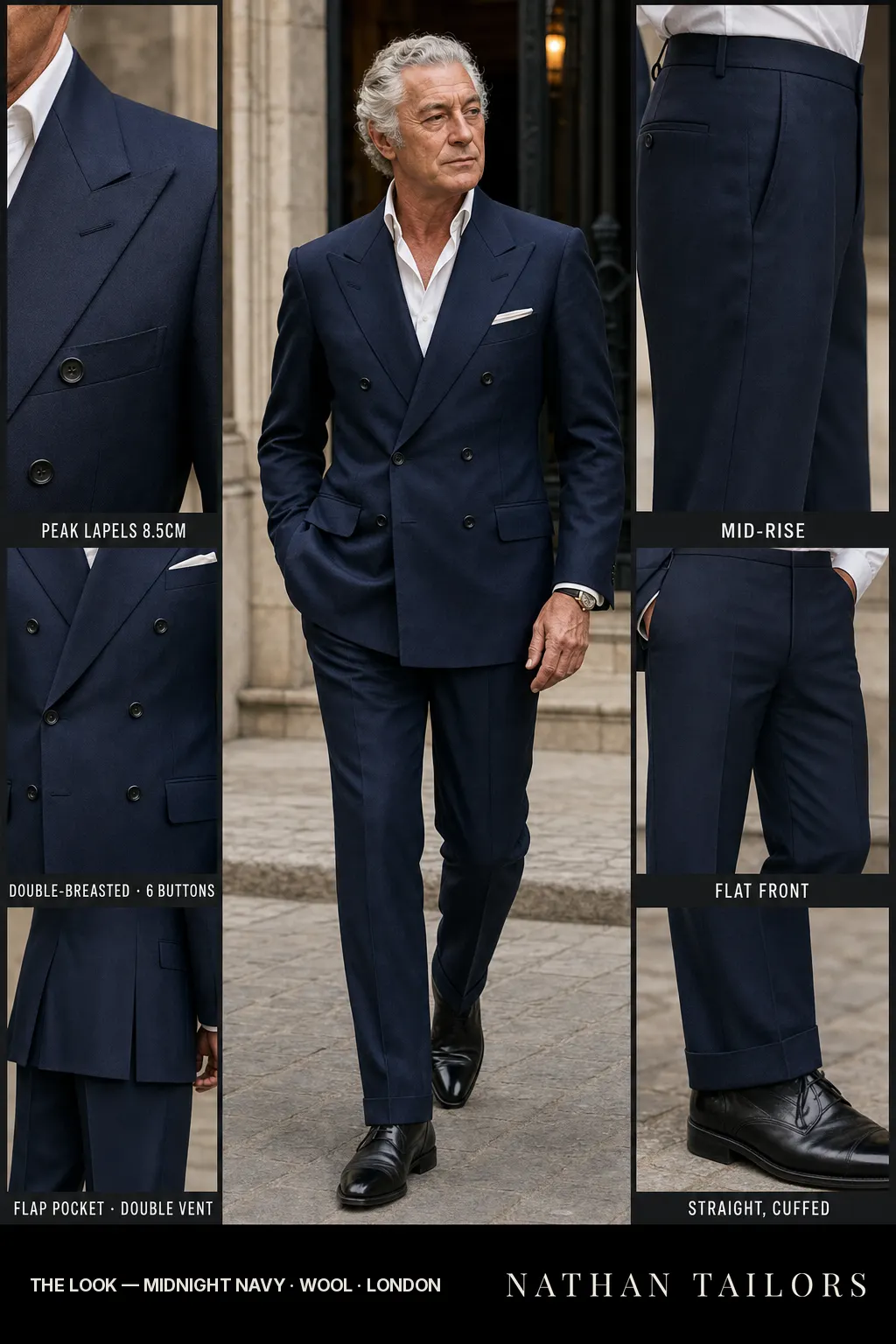 midnight navy double-breasted bespoke suit โ custom tailored by Nathan Tailors, the Hoi An custom tailor