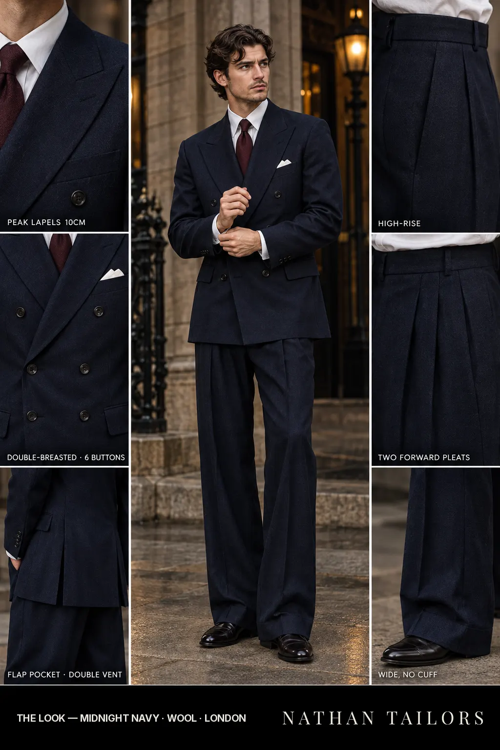 midnight navy double-breasted peak-lapel bespoke suit โ AI-rendered by Nathan Tailors, the Hoi An custom tailor. Available as a custom tailored suit from $149.