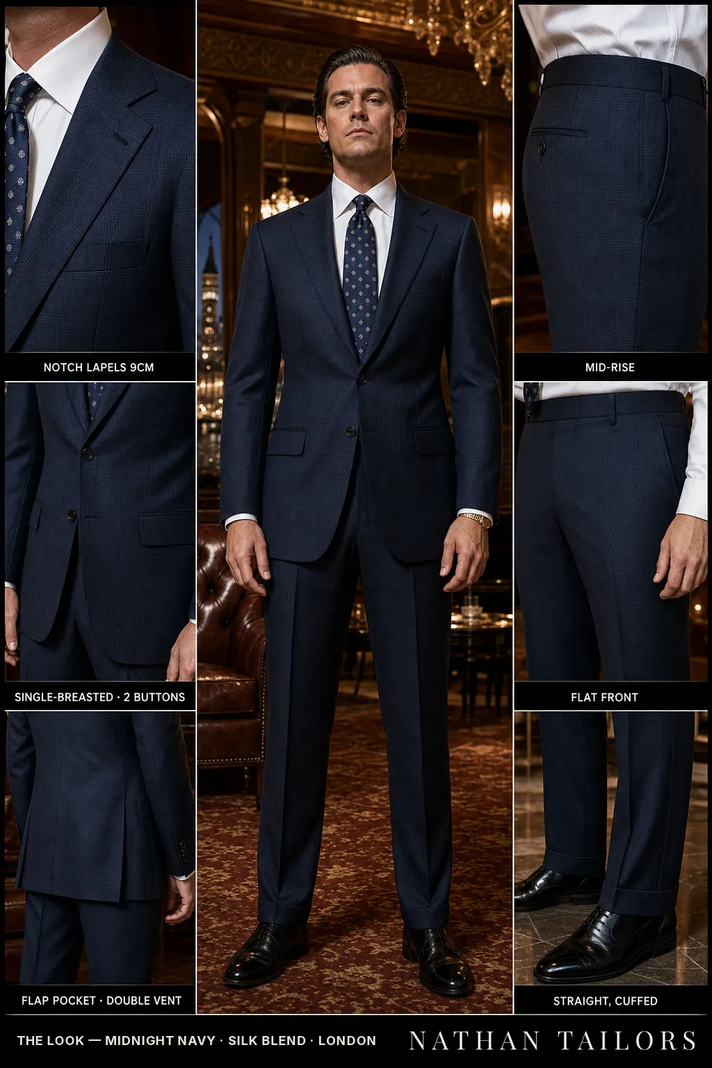 midnight navy glen plaid single-breasted notch-lapel bespoke suit — AI-rendered by Nathan Tailors, the Hoi An custom tailor. Available as a custom tailored suit from $149.
