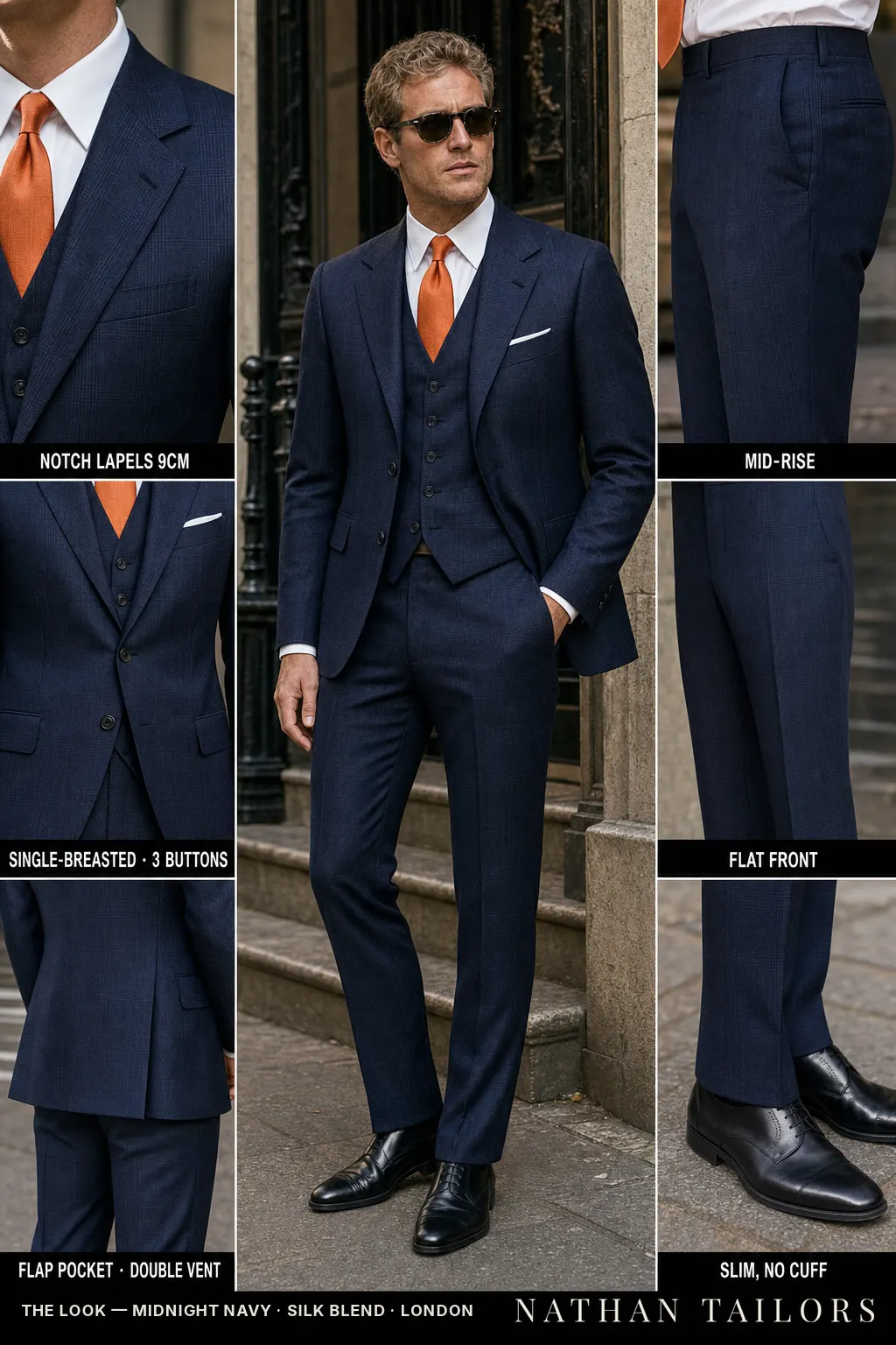 midnight navy glen plaid single-breasted notch-lapel bespoke suit — AI-rendered by Nathan Tailors, the Hoi An custom tailor. Available as a custom tailored suit from $149.