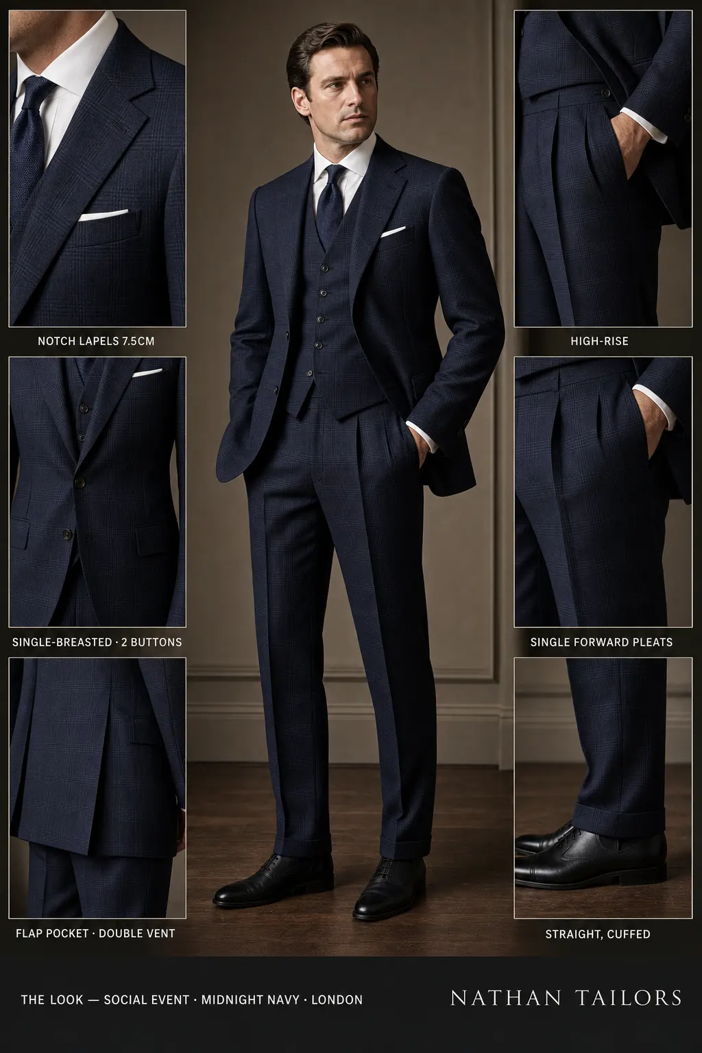 midnight navy glen plaid single-breasted notch-lapel bespoke suit — AI-rendered by Nathan Tailors, the Hoi An custom tailor. Available as a custom tailored suit from $149.
