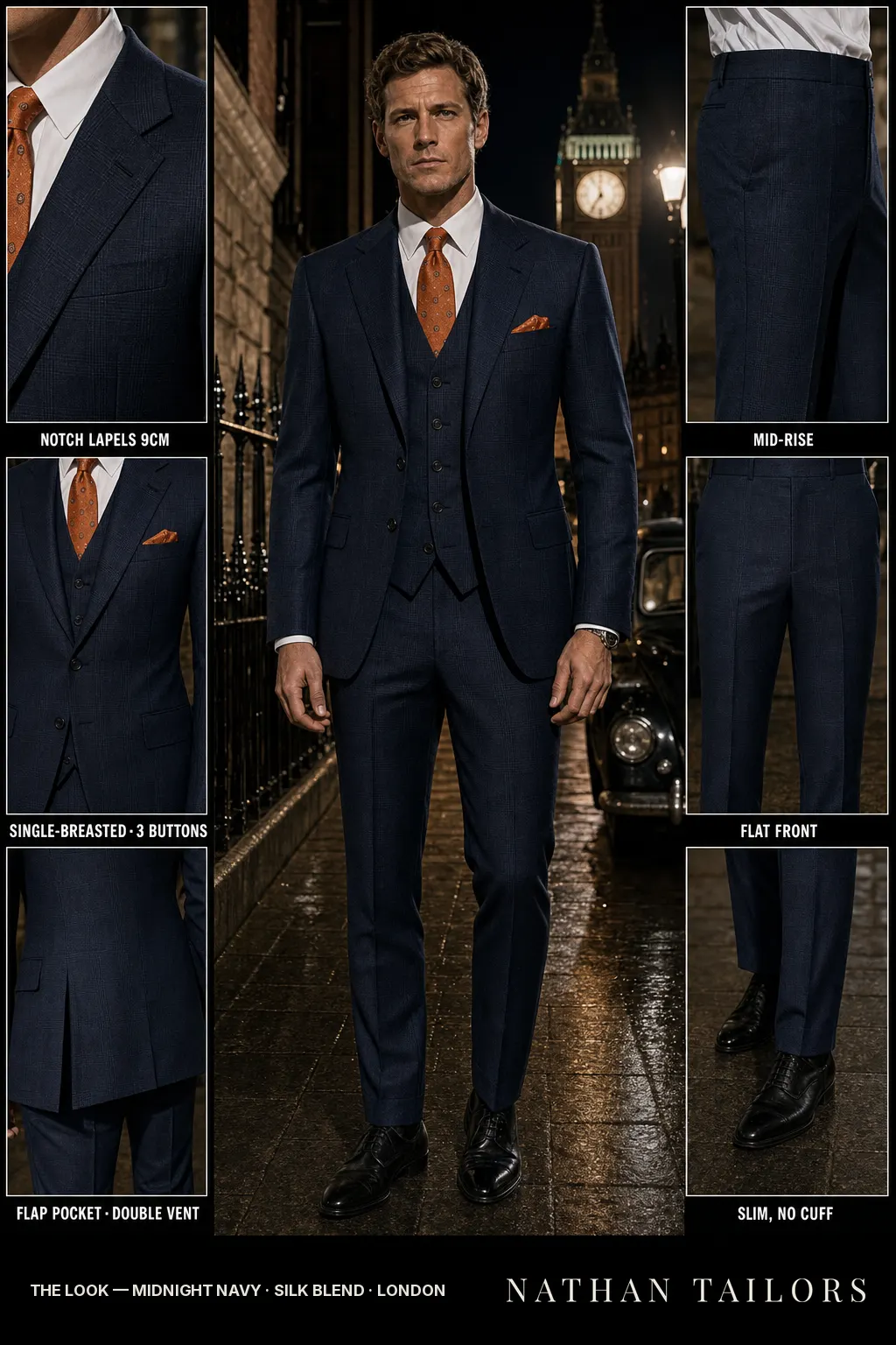 midnight navy glen plaid single-breasted notch-lapel bespoke suit — AI-rendered by Nathan Tailors, the Hoi An custom tailor. Available as a custom tailored suit from $149.