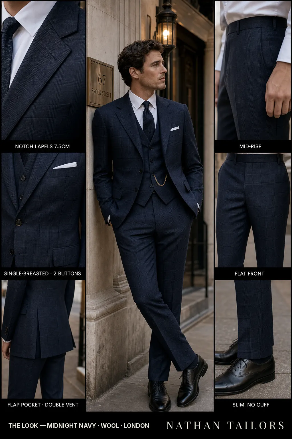 midnight navy glen plaid single-breasted notch-lapel bespoke suit — AI-rendered by Nathan Tailors, the Hoi An custom tailor. Available as a custom tailored suit from $149.