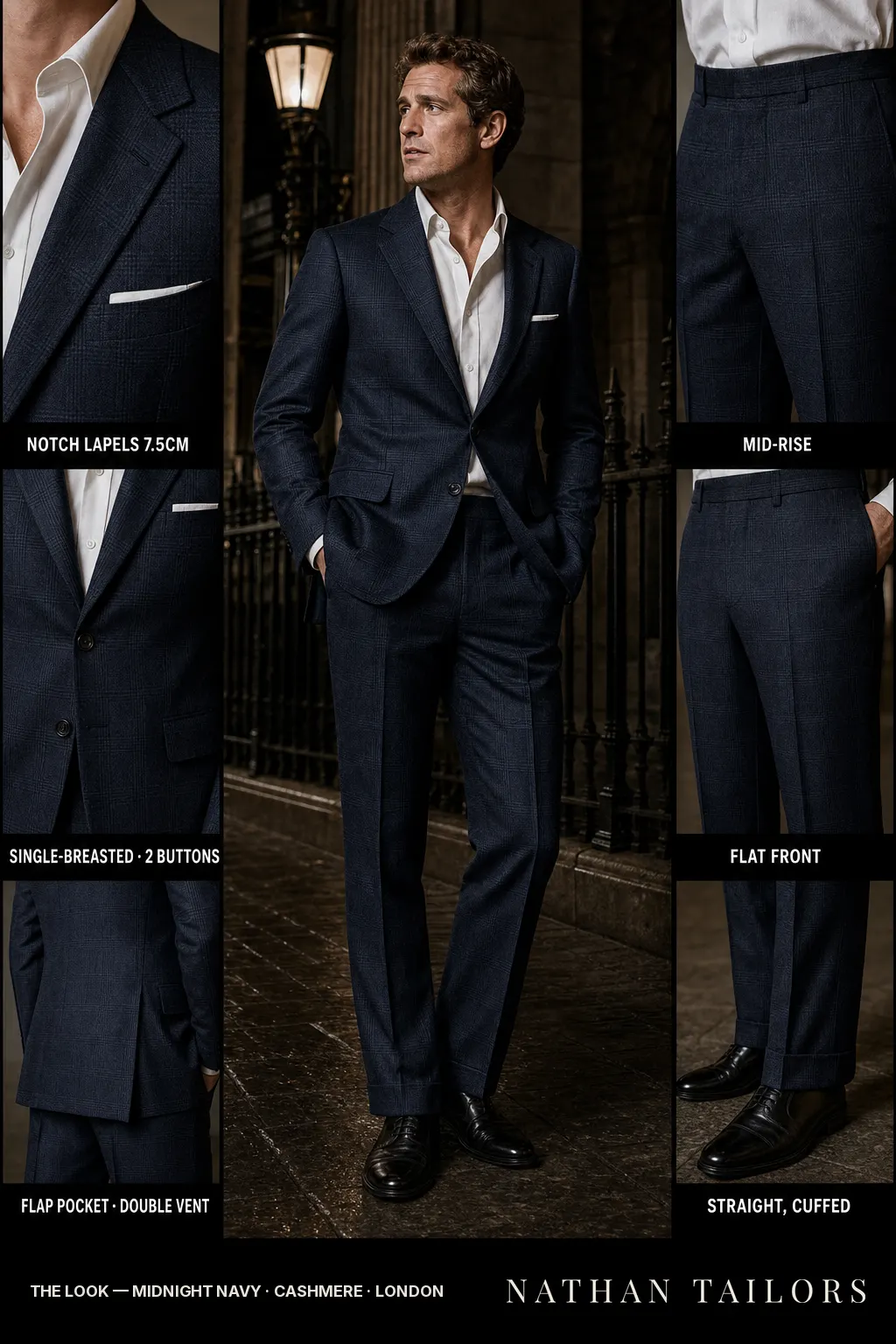 midnight navy glen plaid single-breasted notch-lapel bespoke suit — AI-rendered by Nathan Tailors, the Hoi An custom tailor. Available as a custom tailored suit from $149.