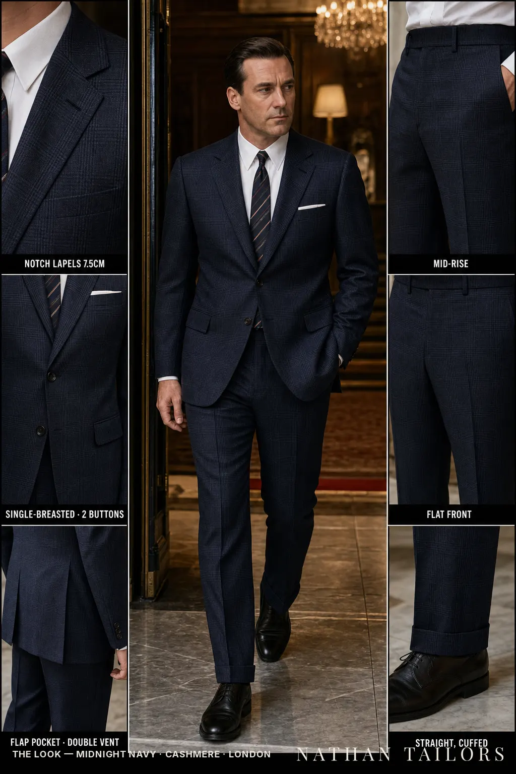 midnight navy glen plaid single-breasted notch-lapel bespoke suit — AI-rendered by Nathan Tailors, the Hoi An custom tailor. Available as a custom tailored suit from $149.