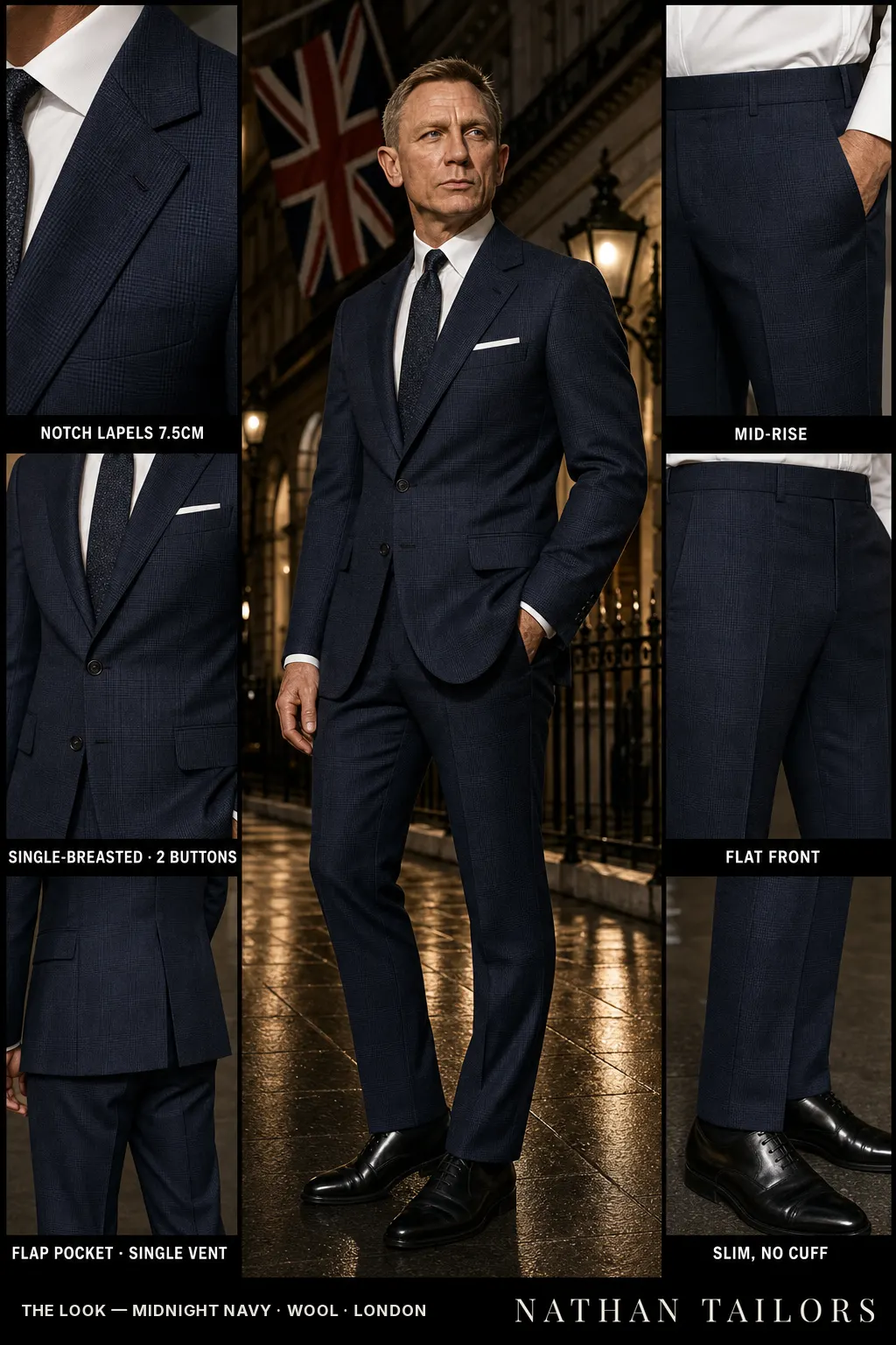 midnight navy glen plaid single-breasted notch-lapel bespoke suit — AI-rendered by Nathan Tailors, the Hoi An custom tailor. Available as a custom tailored suit from $149.