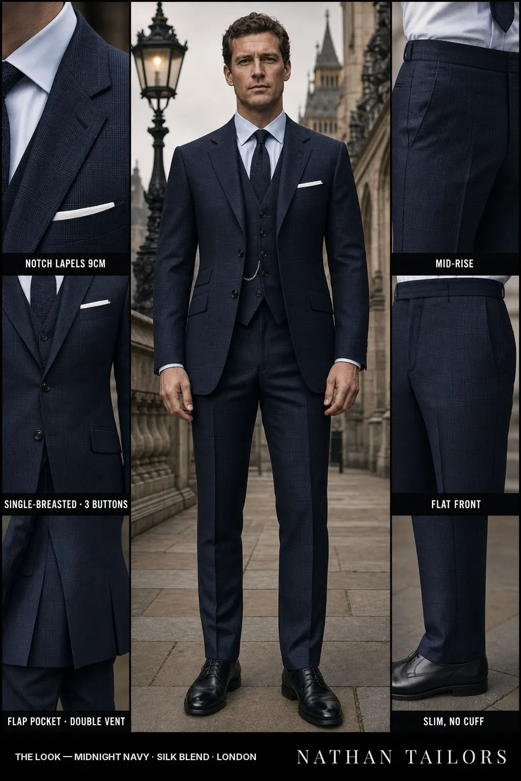 midnight navy glen plaid single-breasted notch-lapel bespoke suit — AI-rendered by Nathan Tailors, the Hoi An custom tailor. Available as a custom tailored suit from $149.