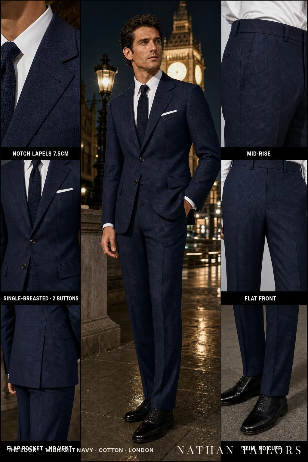 midnight navy glen plaid single-breasted notch-lapel bespoke suit — AI-rendered by Nathan Tailors, the Hoi An custom tailor. Available as a custom tailored suit from $149.