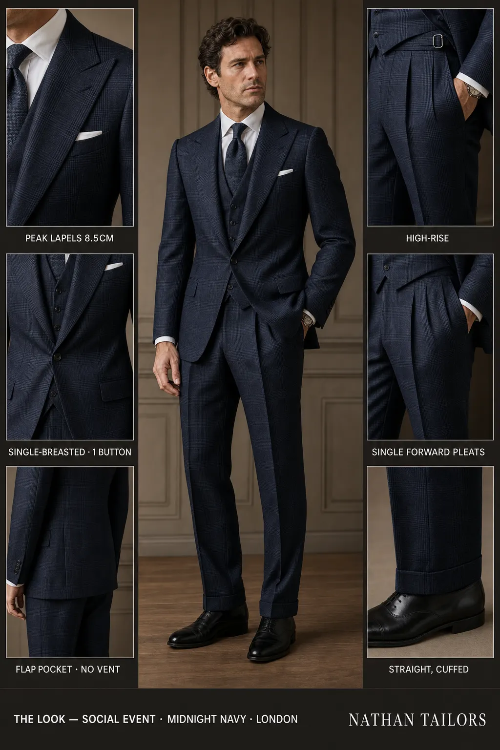 midnight navy glen plaid single-breasted peak-lapel bespoke suit โ AI-rendered by Nathan Tailors, the Hoi An custom tailor. Available as a custom tailored suit from $149.