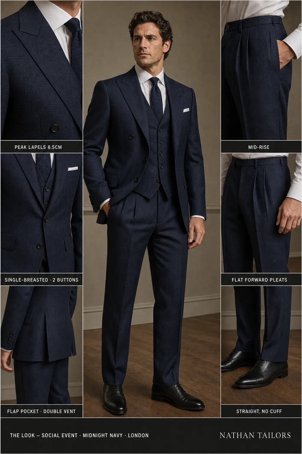 midnight navy glen plaid single-breasted peak-lapel bespoke suit — AI-rendered by Nathan Tailors, the Hoi An custom tailor. Available as a custom tailored suit from $149.