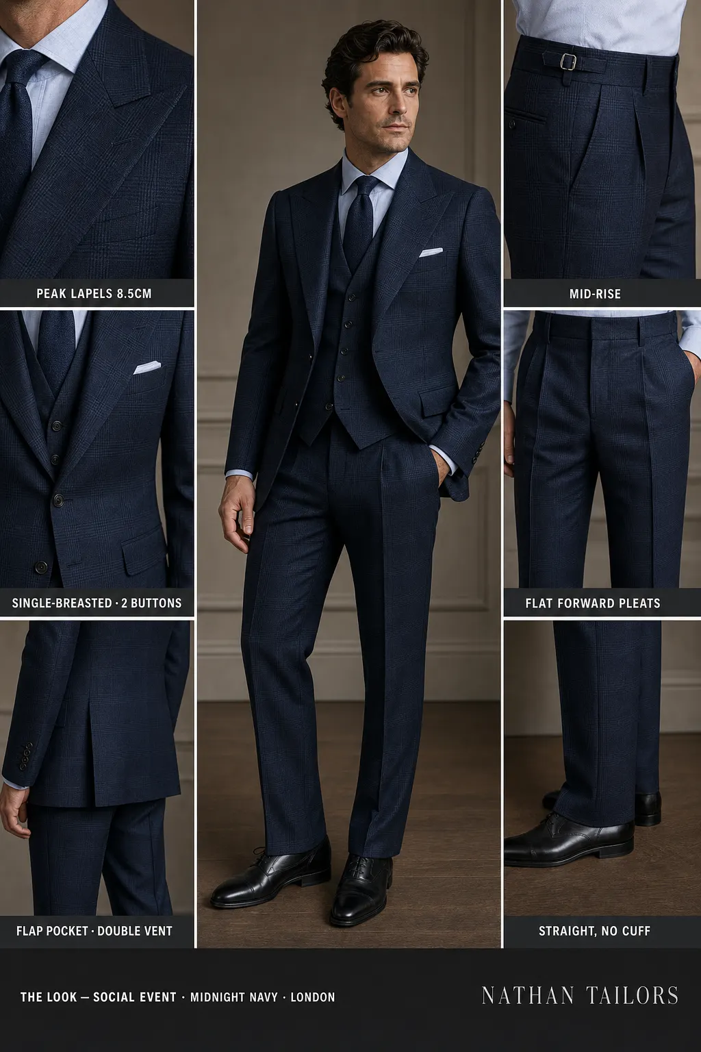 midnight navy glen plaid single-breasted peak-lapel bespoke suit — AI-rendered by Nathan Tailors, the Hoi An custom tailor. Available as a custom tailored suit from $149.