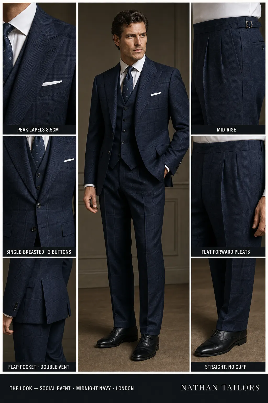 midnight navy glen plaid single-breasted peak-lapel bespoke suit — AI-rendered by Nathan Tailors, the Hoi An custom tailor. Available as a custom tailored suit from $149.