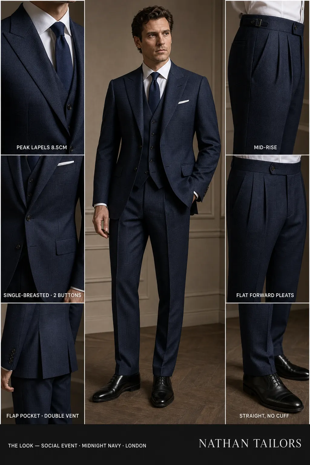 midnight navy glen plaid single-breasted peak-lapel bespoke suit — AI-rendered by Nathan Tailors, the Hoi An custom tailor. Available as a custom tailored suit from $149.
