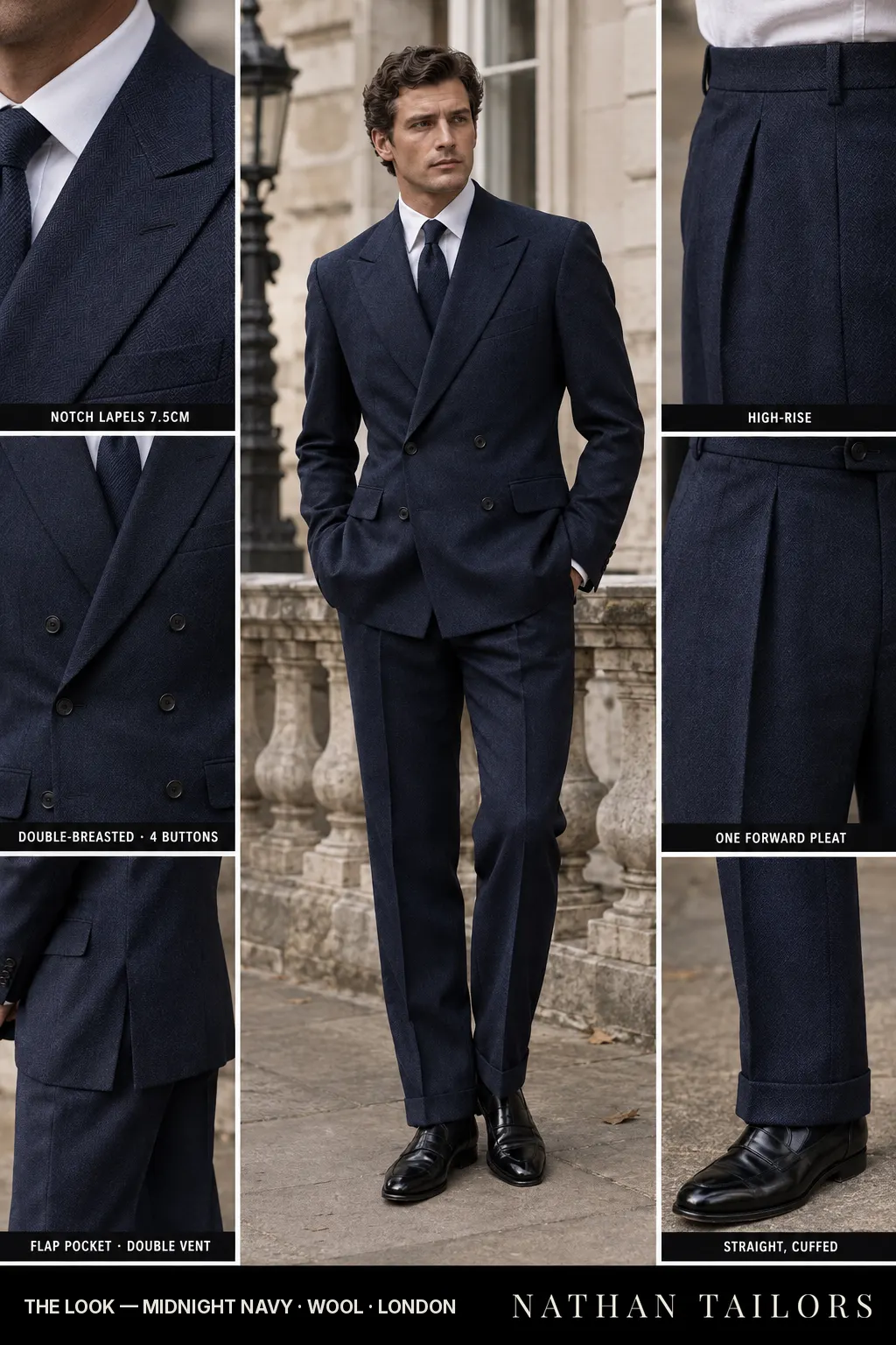 midnight navy herringbone double-breasted bespoke suit โ custom tailored by Nathan Tailors, the Hoi An custom tailor