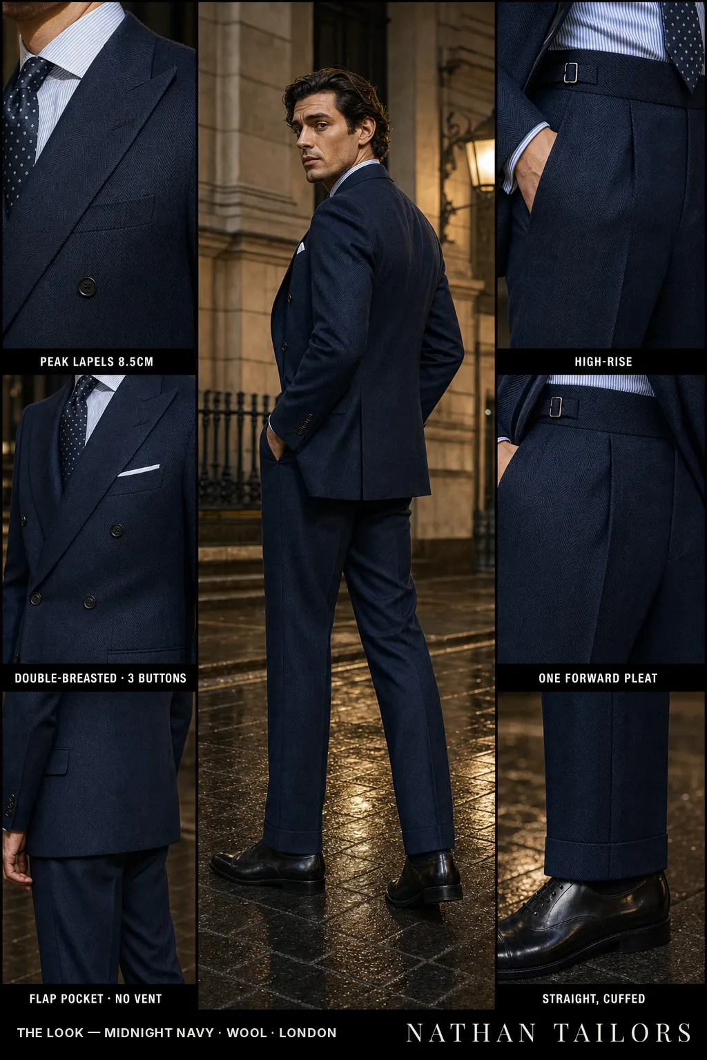 midnight navy herringbone double-breasted peak-lapel bespoke suit — AI-rendered by Nathan Tailors, the Hoi An custom tailor. Available as a custom tailored suit from $149.