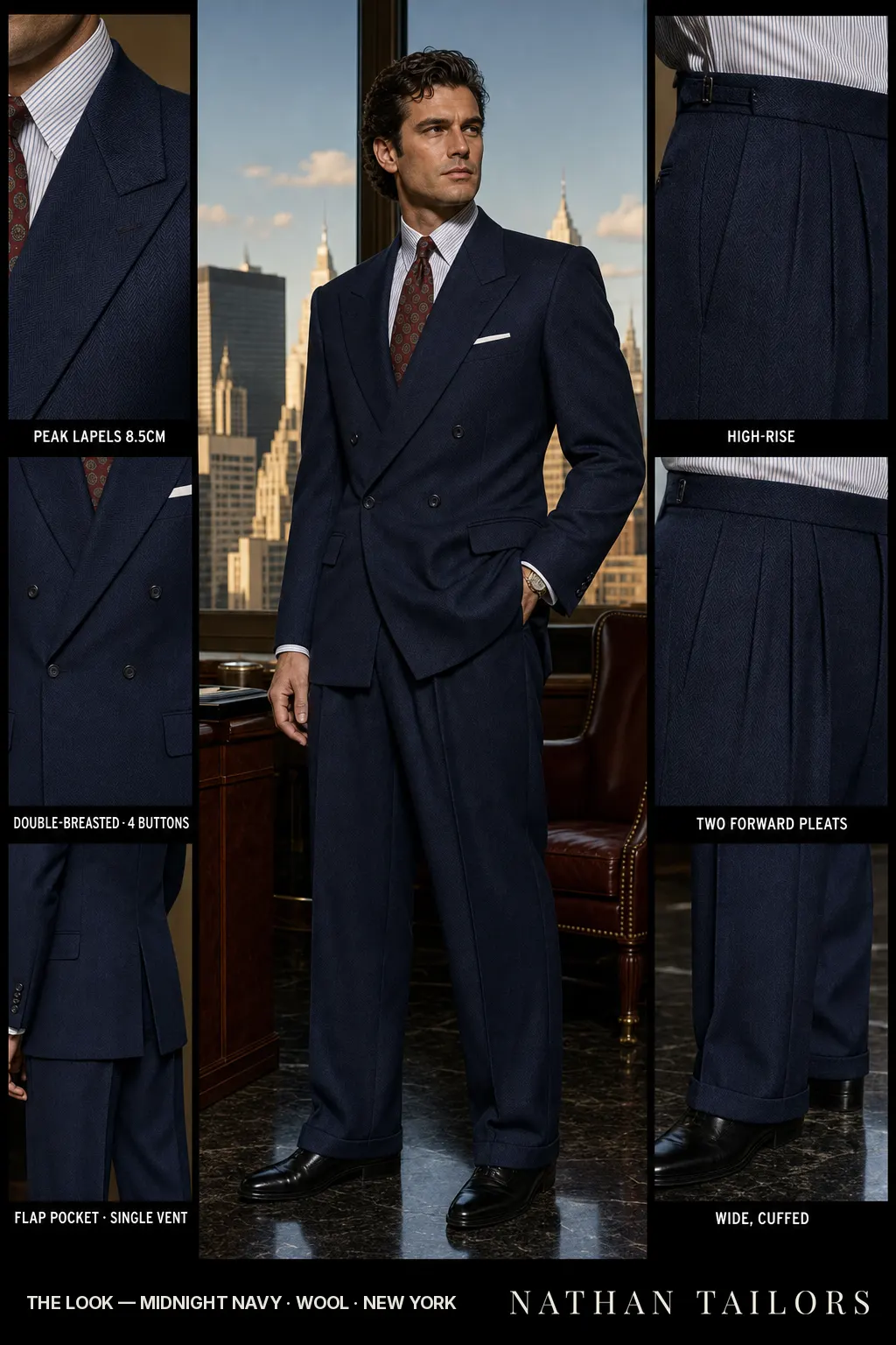 midnight navy herringbone double-breasted peak-lapel bespoke suit — AI-rendered by Nathan Tailors, the Hoi An custom tailor. Available as a custom tailored suit from $149.