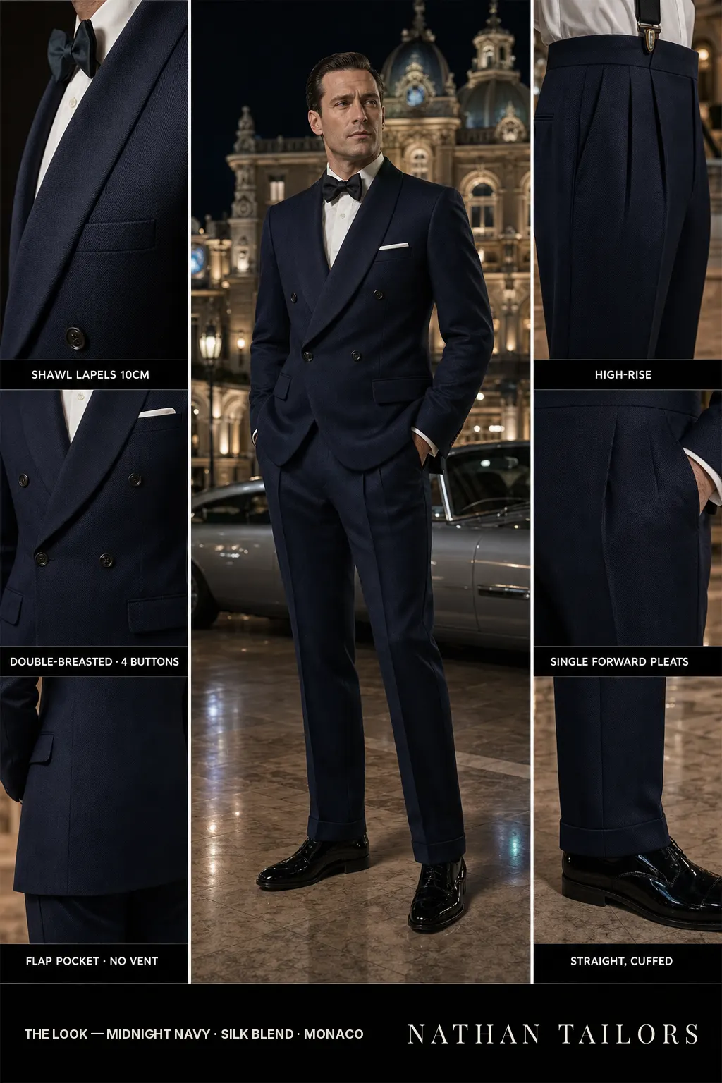midnight navy herringbone double-breasted shawl-lapel bespoke suit — AI-rendered by Nathan Tailors, the Hoi An custom tailor. Available as a custom tailored suit from $149.