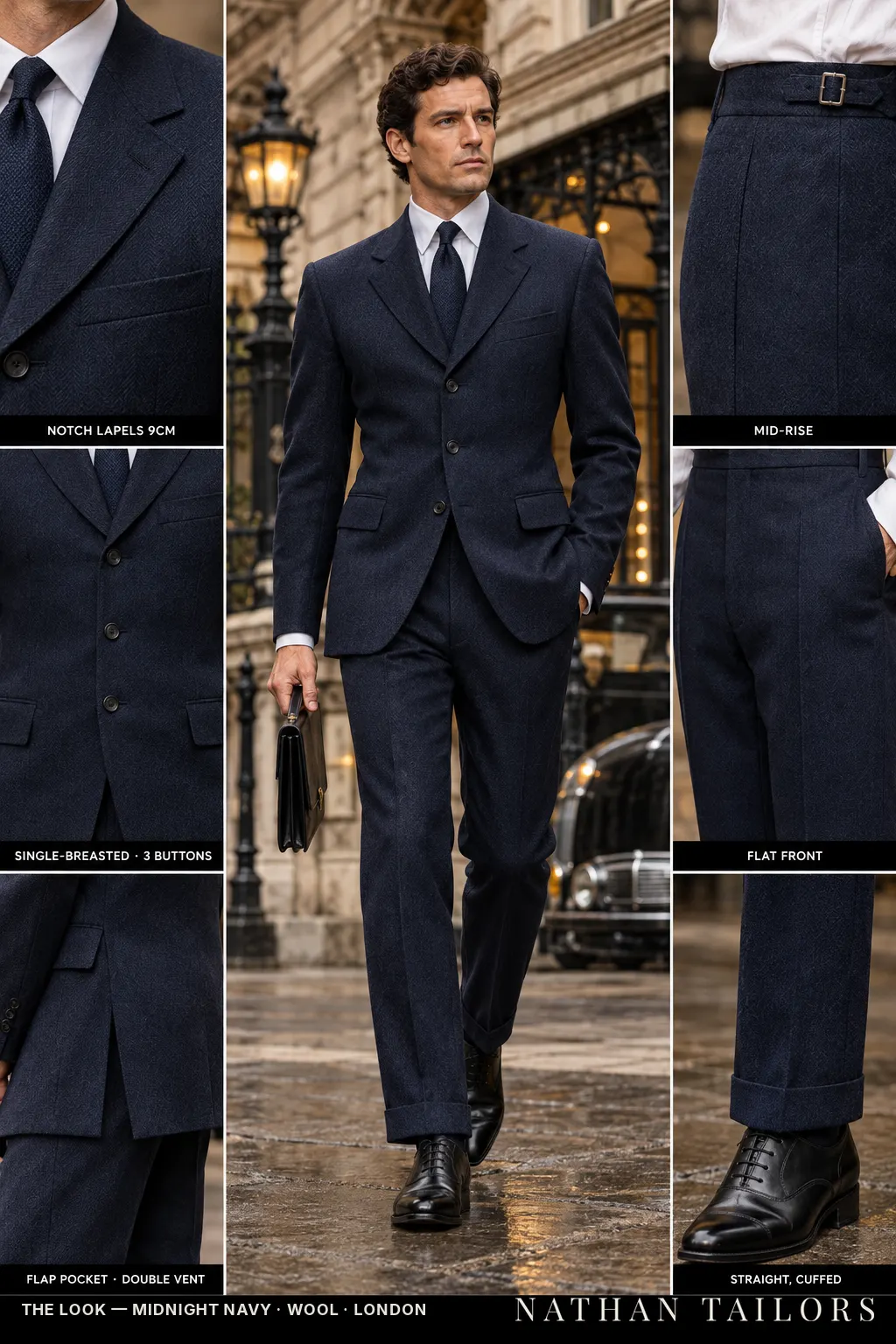 midnight navy herringbone single-breasted notch-lapel bespoke suit — AI-rendered by Nathan Tailors, the Hoi An custom tailor. Available as a custom tailored suit from $149.